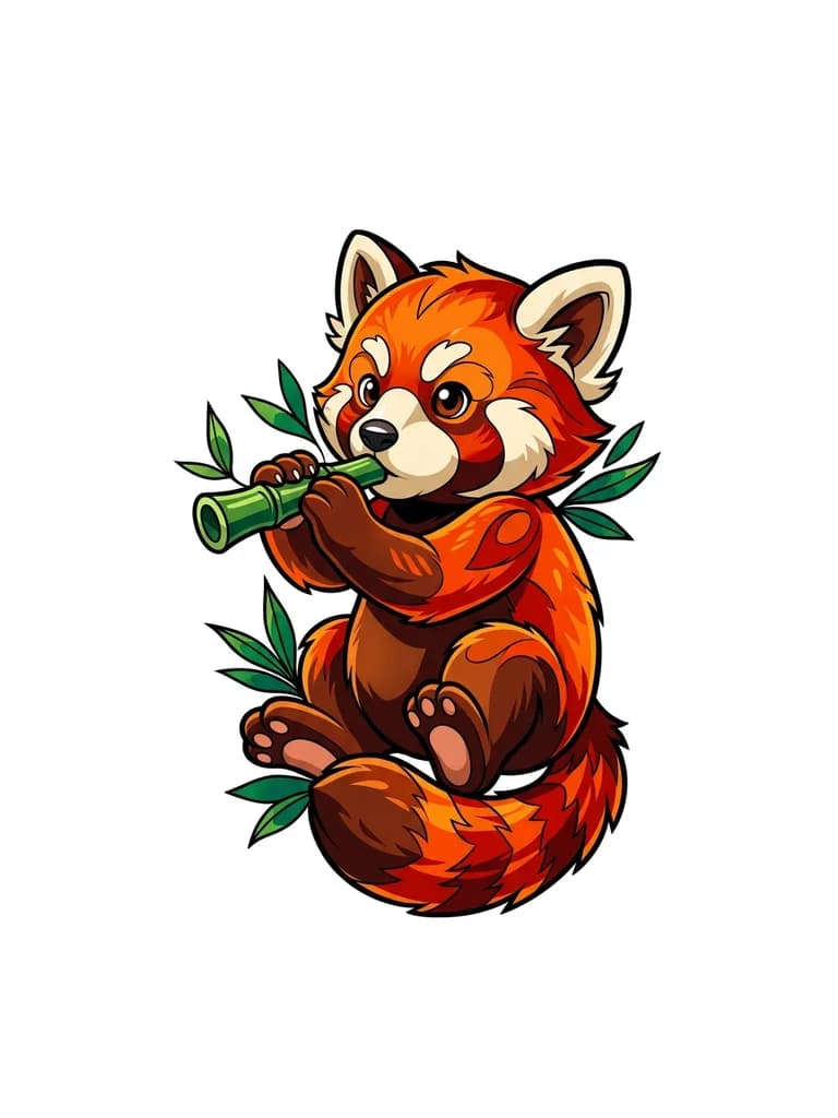 Тату эскиз: Красная панда приседает, хвост слегка оборачивает задние лапы, в передних лапах короткая бамбуковая трубочка под углом 90 градусов, поднесенная к губам. Типа как будто стреляет влево, сделать простой дизайн