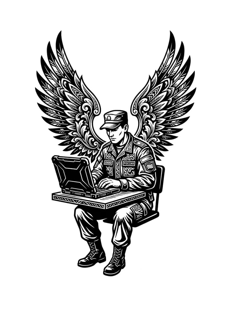 Тату эскиз: Русский военный сидит за ноутбуком, за спиной крылья 