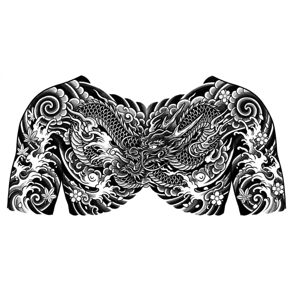 Тату эскиз: Сделай тату с традиционными облаками, от локтевого сгиба до другого локтевого сгиба проходя через ключицы, побольше крупных деталей, хочу смесь японского стиля и блэкворка (но не очень интенсивного)