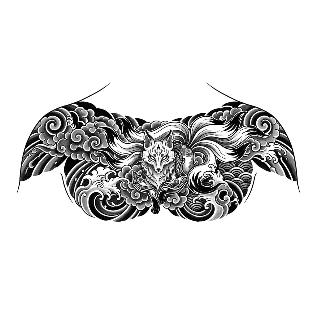 Тату эскиз: Сделай тату с традиционными облаками, от локтевого сгиба до другого локтевого сгиба проходя через ключицы, побольше крупных деталей, хочу смесь японского стиля и блэкворка (но не очень интенсивного).
Тату незначительно должна заходить на грудь, а больше смещена к ключицам и шее, основные элементы также лучше расположить ближе к плечам, а не на груди. Не используй драконов, лучше лисицу или кошку