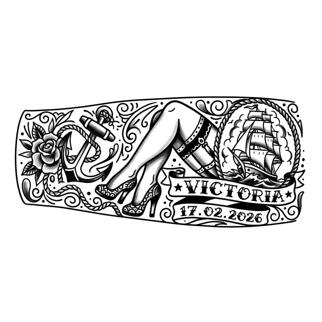 Тату эскиз: имя Виктория с датой рождения 17.02.2026 с её ножкой 