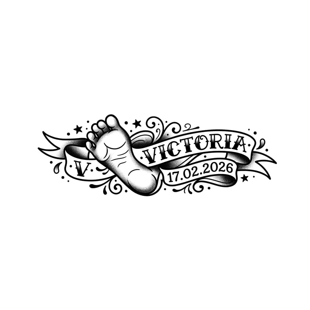 Тату эскиз: имя Виктория с датой рождения 17.02.2026 с её ножкой новорожденного