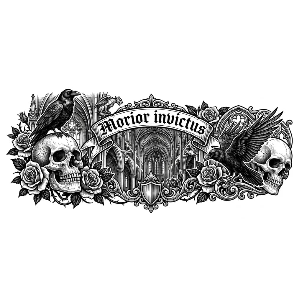 Тату эскиз: Надпись как в немецких иероглифах или как в римских иероглифах на церемониальных арках и щитах это девиз и он должен быть в black letter, с большим количеством украшающих элементов на буквах