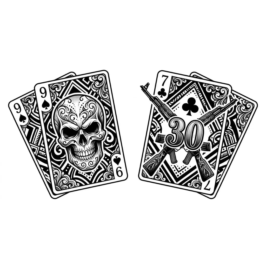 Тату эскиз: сделать эскиз тату две игральные карты на одной череп и музыкальный ключик на другой два ак 47 и надпись 30