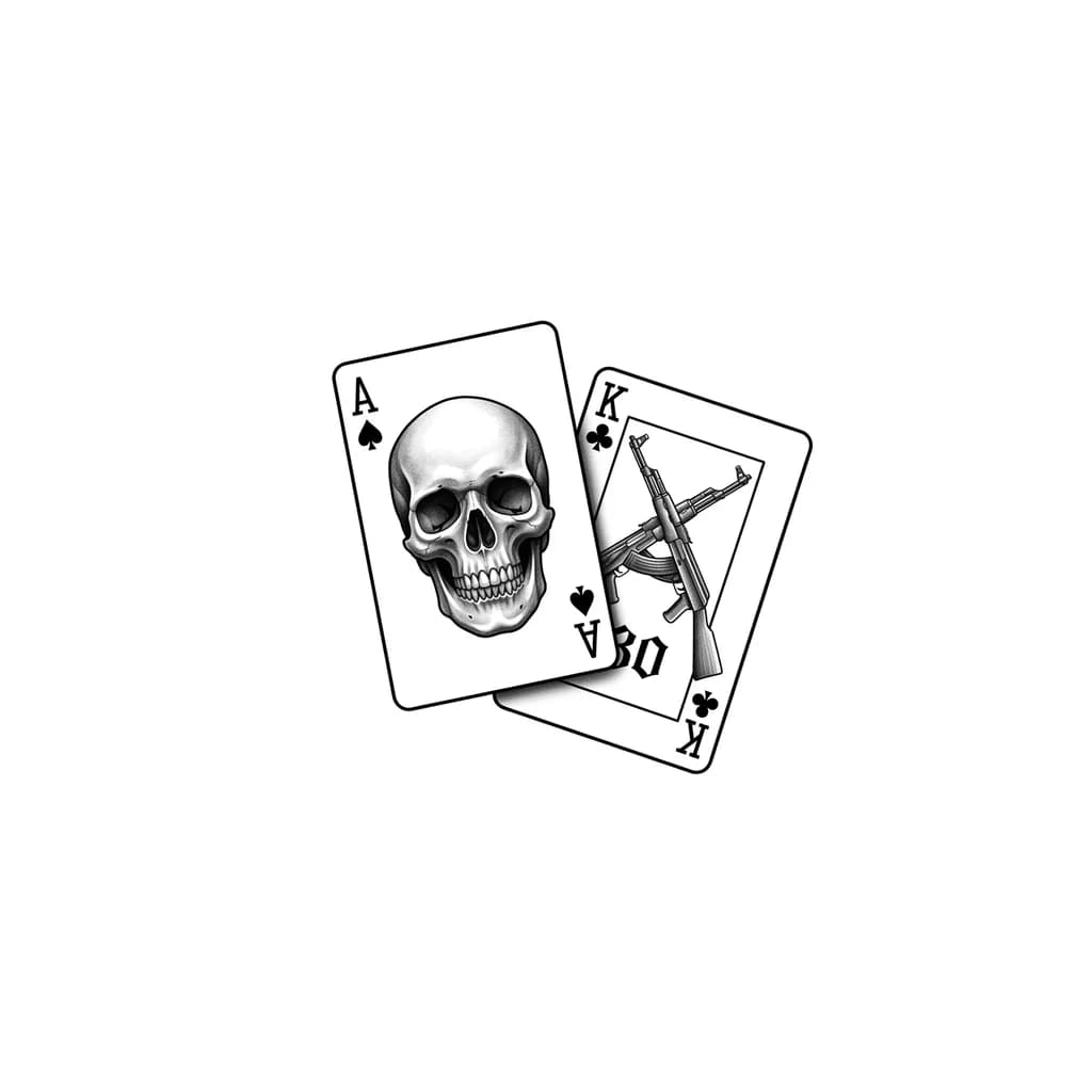 Тату эскиз: сделать эскиз тату две игральные карты на одной череп и музыкальный ключик на другой два ак 47 и надпись 30