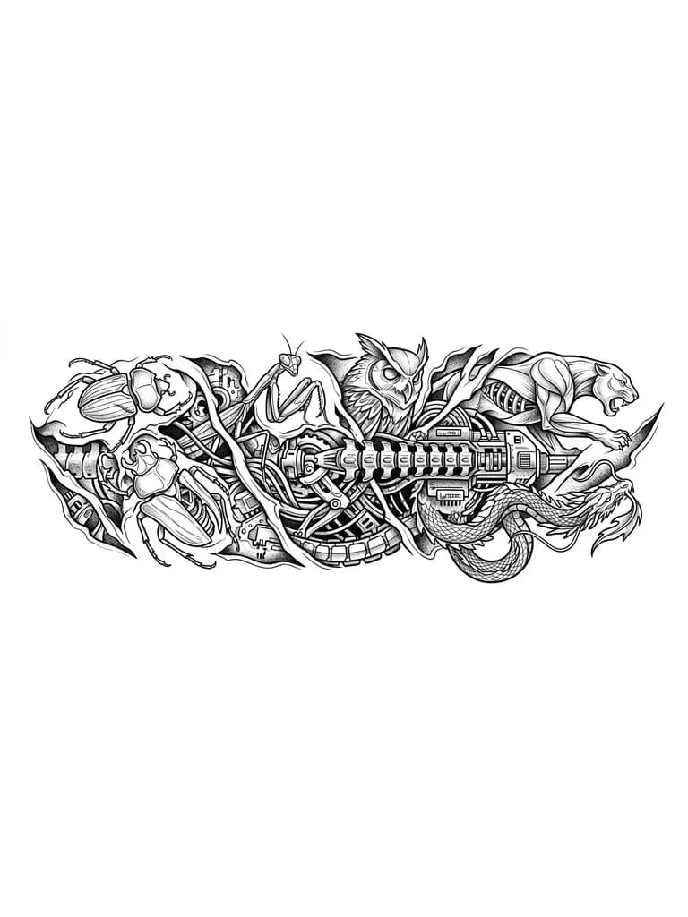 Тату эскиз: Высокая детализация , много житных контуров и темных цветов , высокая детализация мелких деталей 