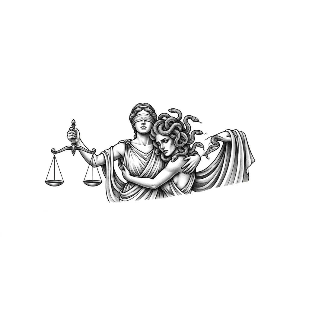 Тату эскиз: Фемида стоит и одной рукой обнимает медузу гаргону а в другой руке у фемиды весы 