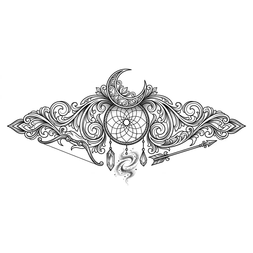 Тату эскиз: Лук стрела ловец снов месяц  кристальные висюльки дымка космическая или млечный путь