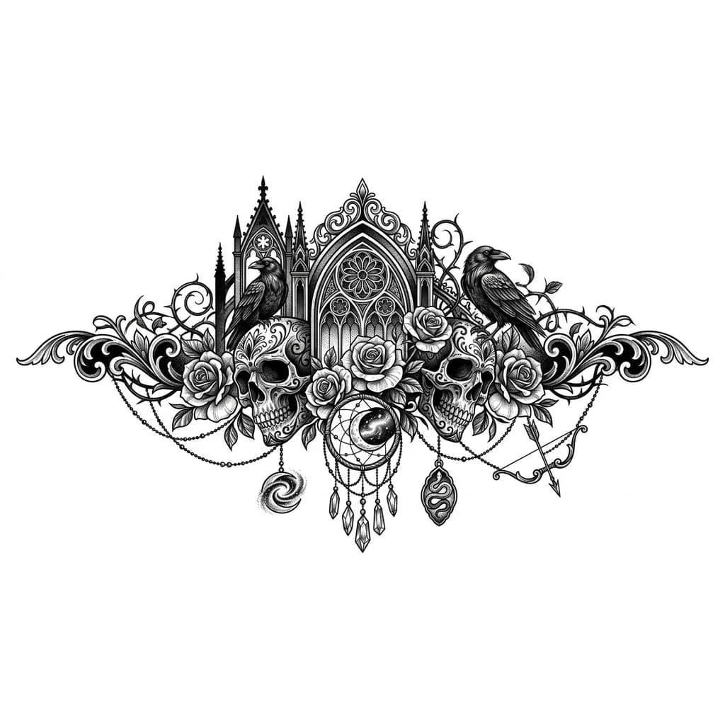 Тату эскиз: Лук стрела ловец снов месяц  кристальные висюльки дымка космическая или млечный путь мистическое животное