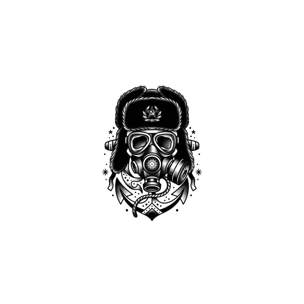 Тату эскиз: противогаз в шапке ушанке 