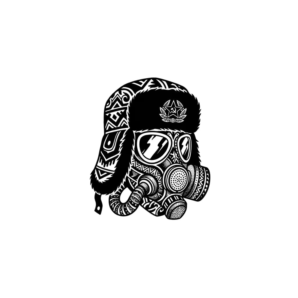 Тату эскиз: противогаз в шапке ушанке 