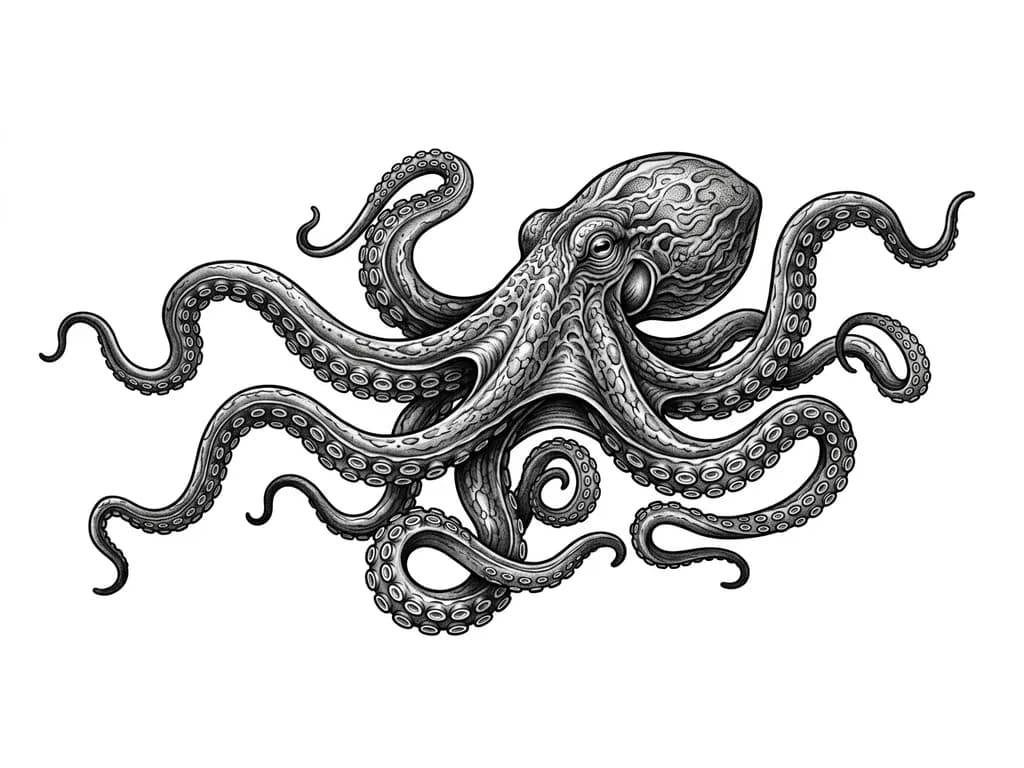 Тату эскиз: Осьминог раскинул щупальца в разные стороны