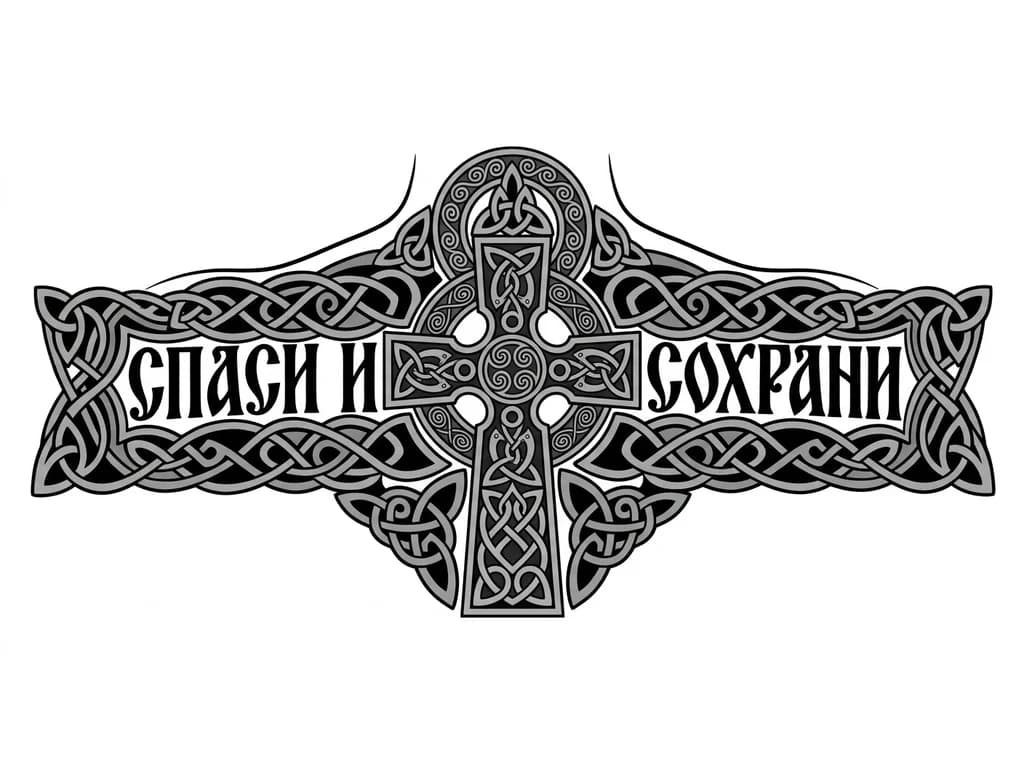 Тату эскиз: надпись на спине спаси и сохрани а на шее крест

