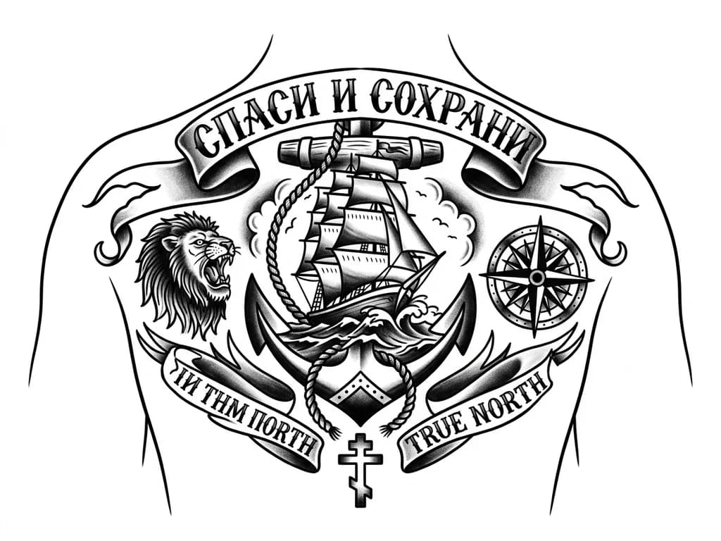 Тату эскиз: надпись на спине спаси и сохрани а на шее крест
