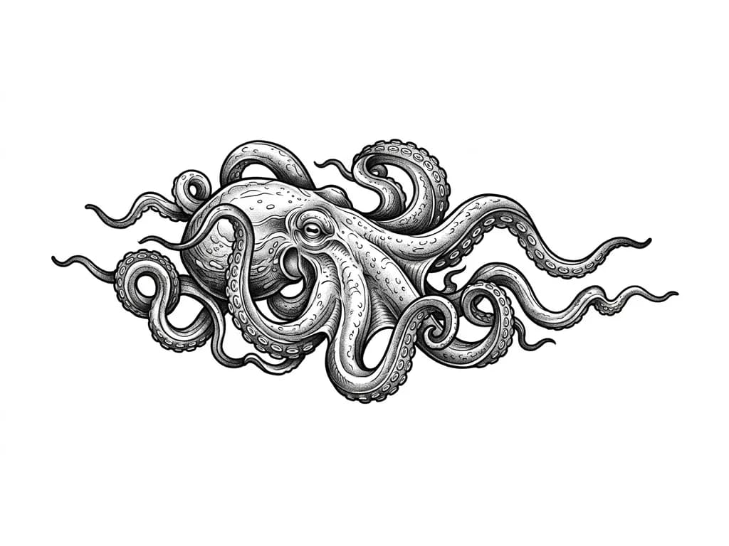 Тату эскиз: Осьминог раскинул щупальца в разные стороны как будто лбвавиет ногу, сделать более реалистичным