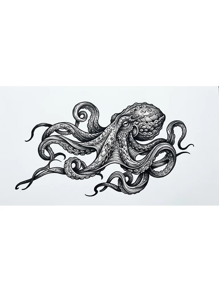 Тату эскиз: Осьминог хаотично раскинул щупальца в разные стороны как будто обвавиет ногу, сделать более реалистичным