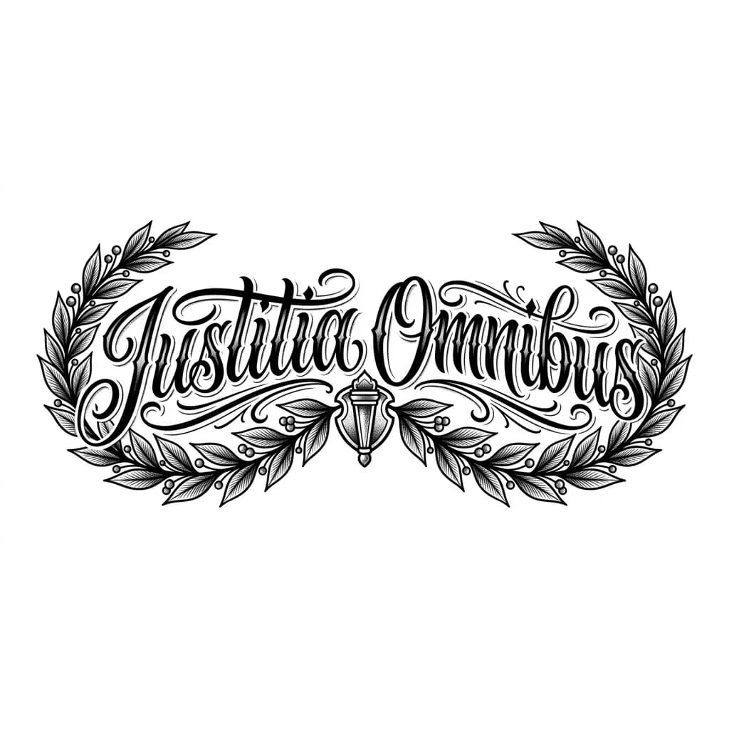Тату эскиз: Сделай тату мужское, два лавровых винка а в середине надпись красивая в одну строчку  на латыни на тему справедливость , тату на грудь