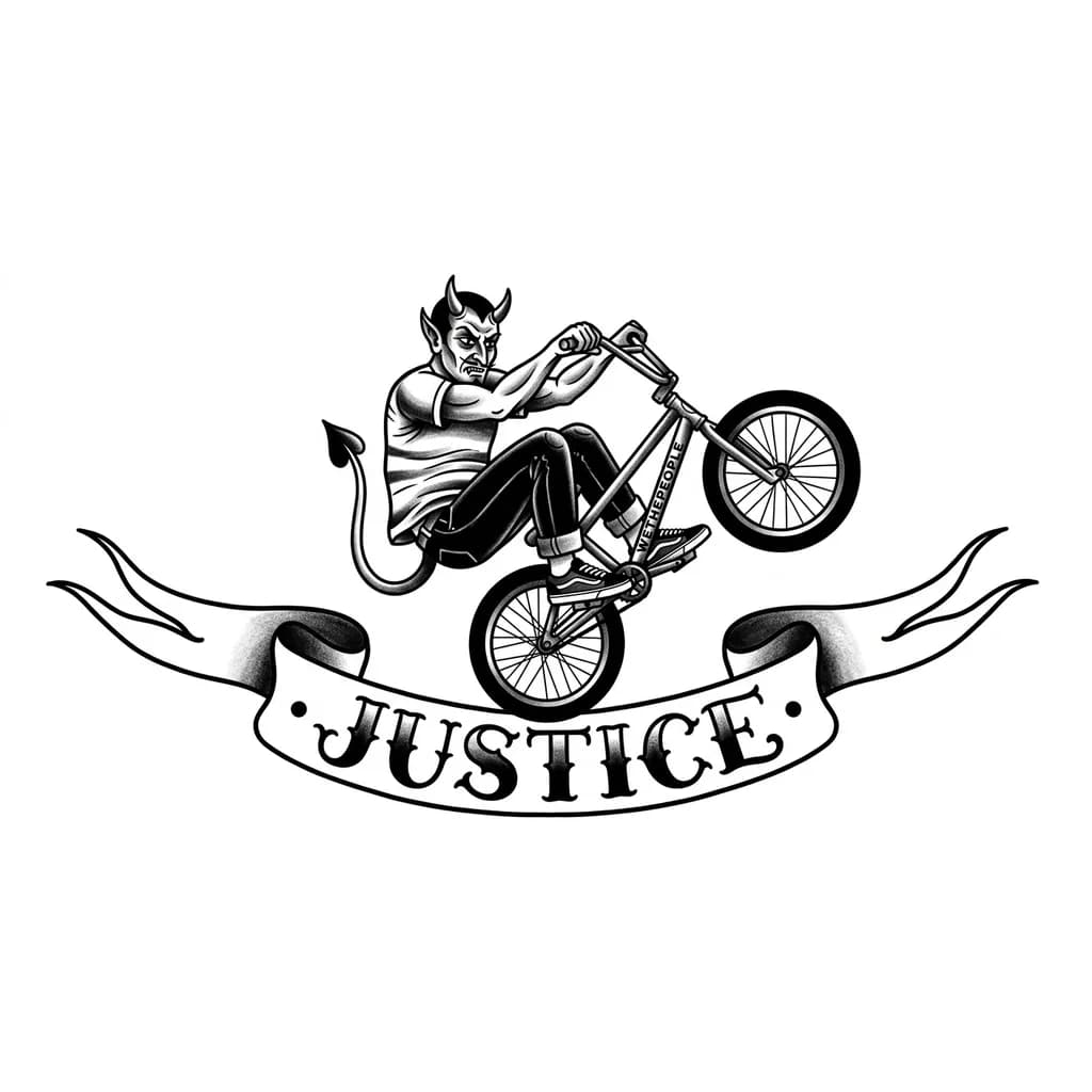 Тату эскиз: Черт в черных джинсах и кедах vans едет на велосипеде bmx от фирмы wethepeople на заднем колесе. Под рисунком должна быть надпись Justice.