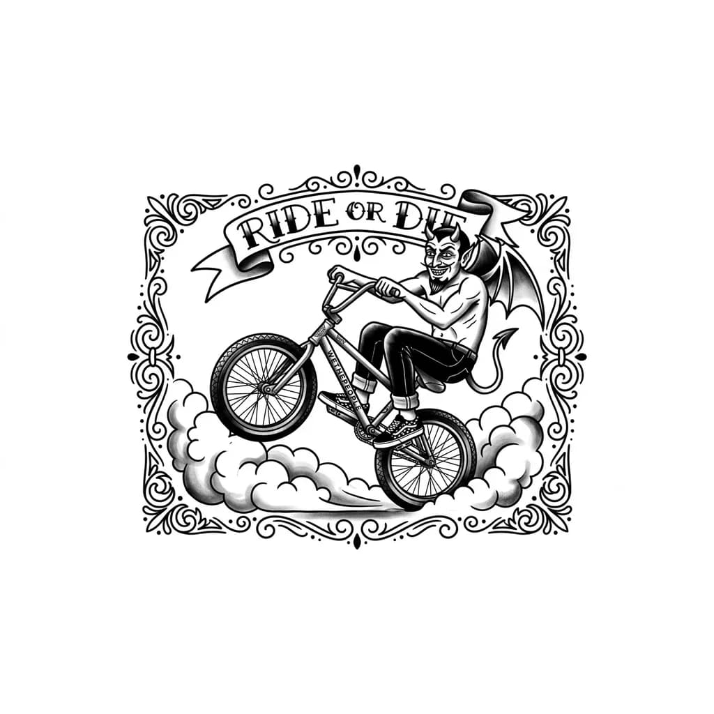 Тату эскиз: Черт в черных джинсах и кедах vans едет на велосипеде bmx от фирмы wethepeople на заднем колесе. Под рисунком должна быть надпись ride or die