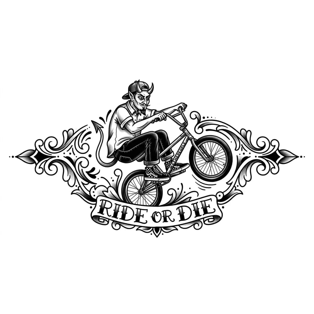 Тату эскиз: Чёрт в черных широких джинсах и чёрных кедах vans old school едет на велосипеде bmx компании wethepeople на заднем колесе. Под рисунком должна расположиться надпись с фразой "Ride or die". Надпись должна быть прикольно и красиво оформлена. 