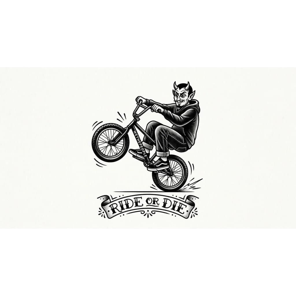 Тату эскиз: Чёрт в черных широких джинсах и чёрных кедах vans old school едет на велосипеде bmx компании wethepeople на заднем колесе. Под рисунком должна расположиться надпись с фразой "Ride or die". Надпись должна быть прикольно и красиво оформлена. Ничего лишнего быть не должно!!