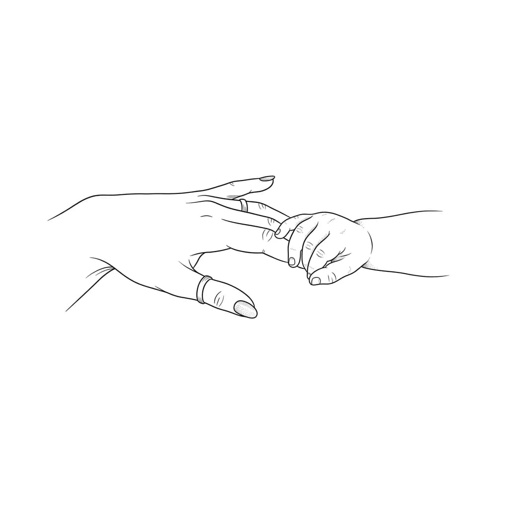 Тату эскиз: рука матери и рука трехмесячной дочери держать друг друга. Рука матери держит пальцами вверх, а ладонью вниз. Дура дочери держит пальцами вверх указательный палец матери , ладьню аниз