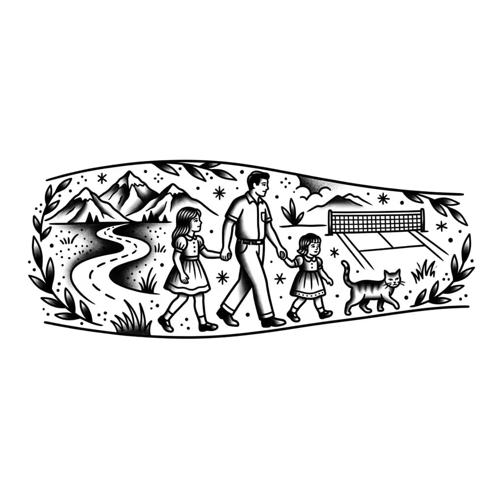 Тату эскиз: Двое девочек, одной 3 года другой 6 лет, держать папу за руки, и рядом с ними кот, на фоне горы дорога и теннисный корт
