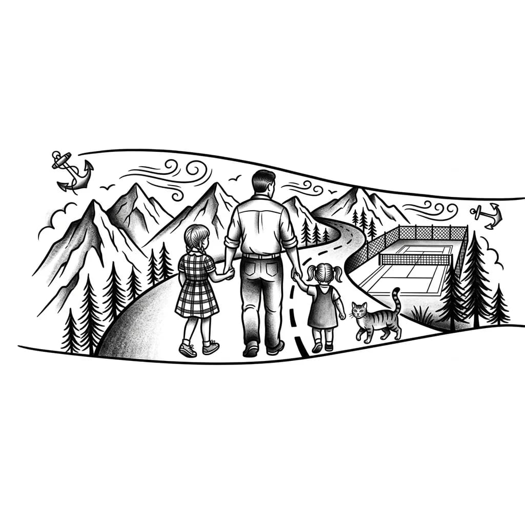Тату эскиз: Двое девочек, одной 3 года другой 6 лет, держать папу за руки, и рядом с ними кот, на фоне горы дорога и теннисный корт вод со спины
