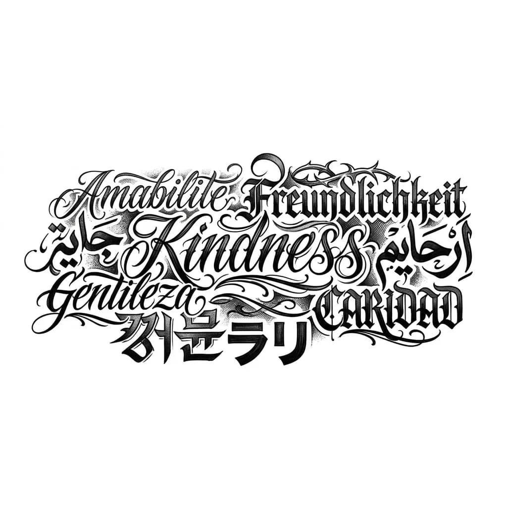 Тату эскиз: Доброта на разных языках вокруг планеты, брутальный стиль
