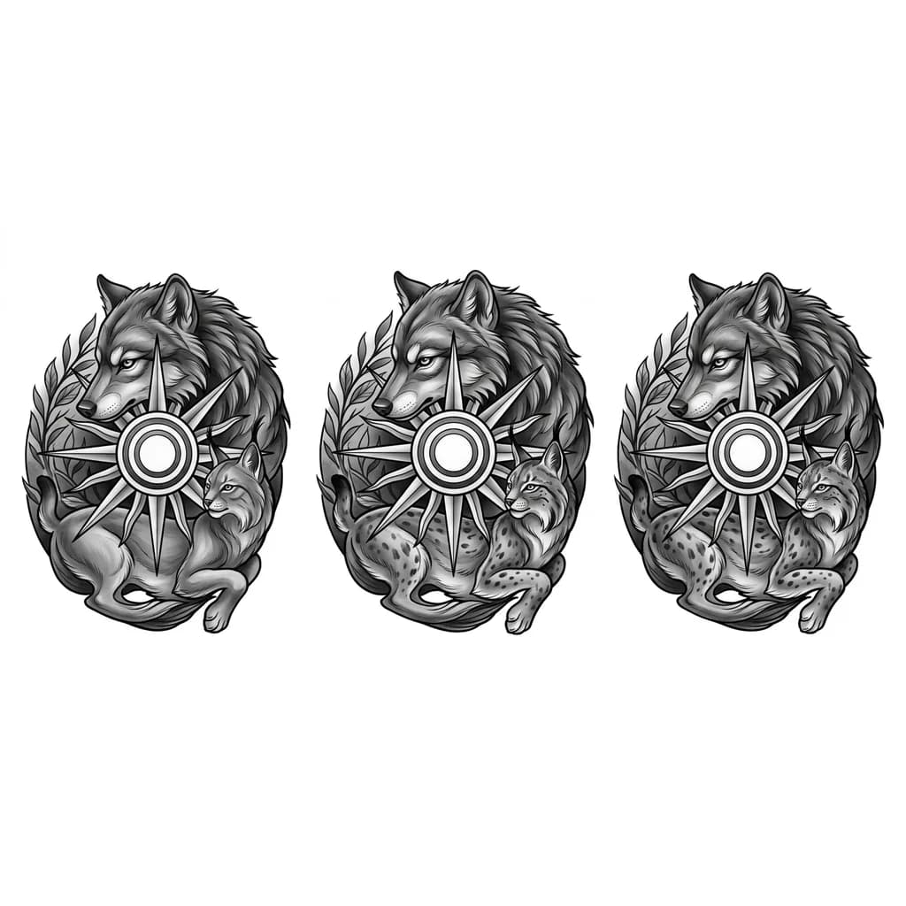 Тату эскиз: Даждьбог лес солнце волк рысь
