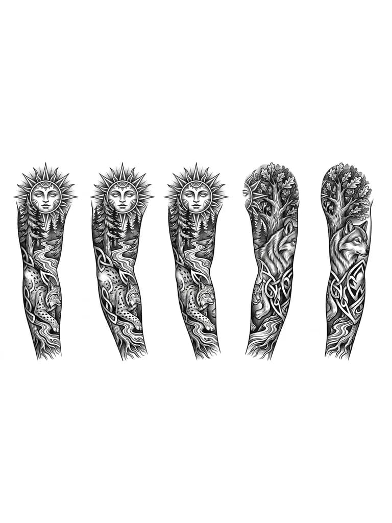 Тату эскиз: Даждьбог лес солнце волк рысь
