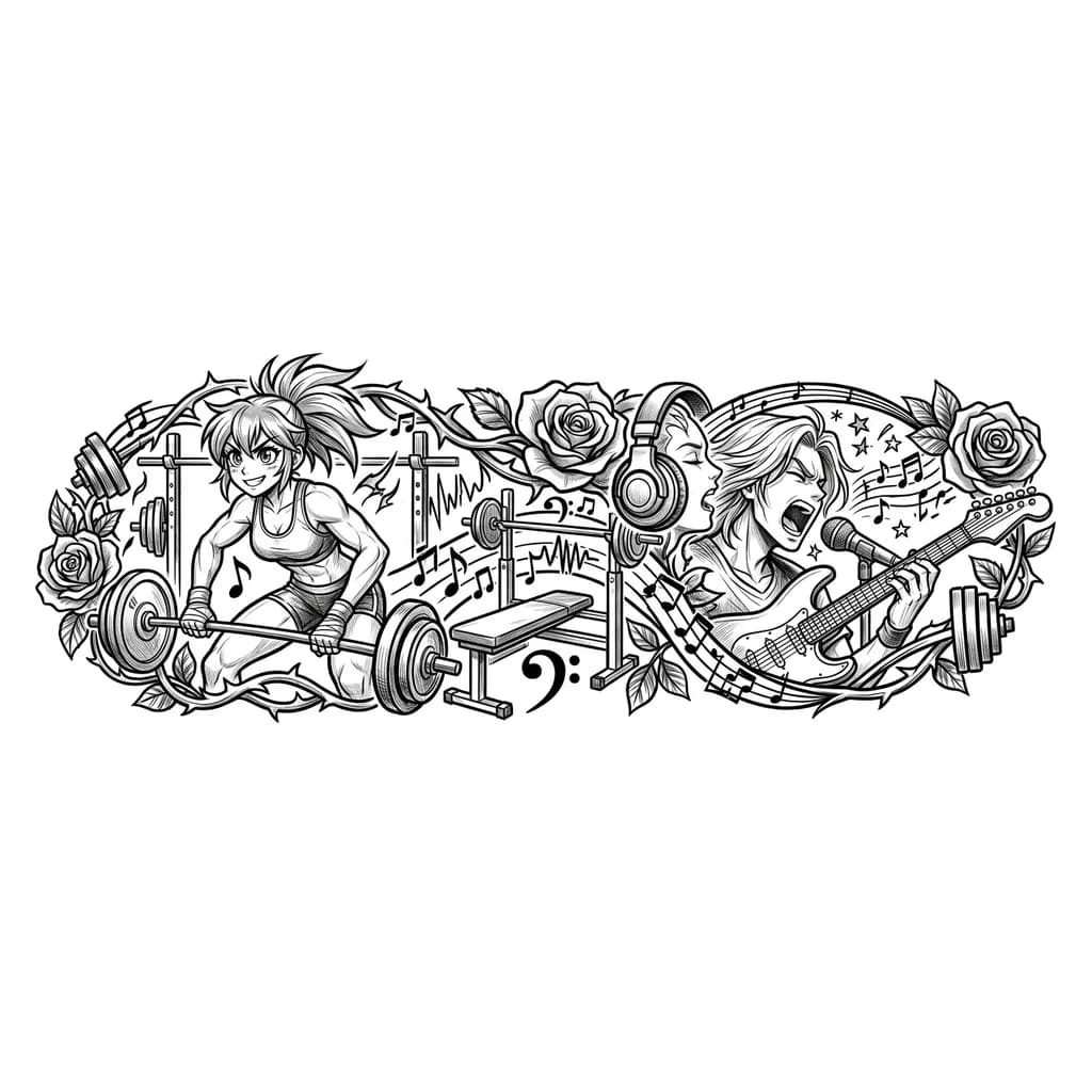 Тату эскиз: Роза музыка и спорт зал