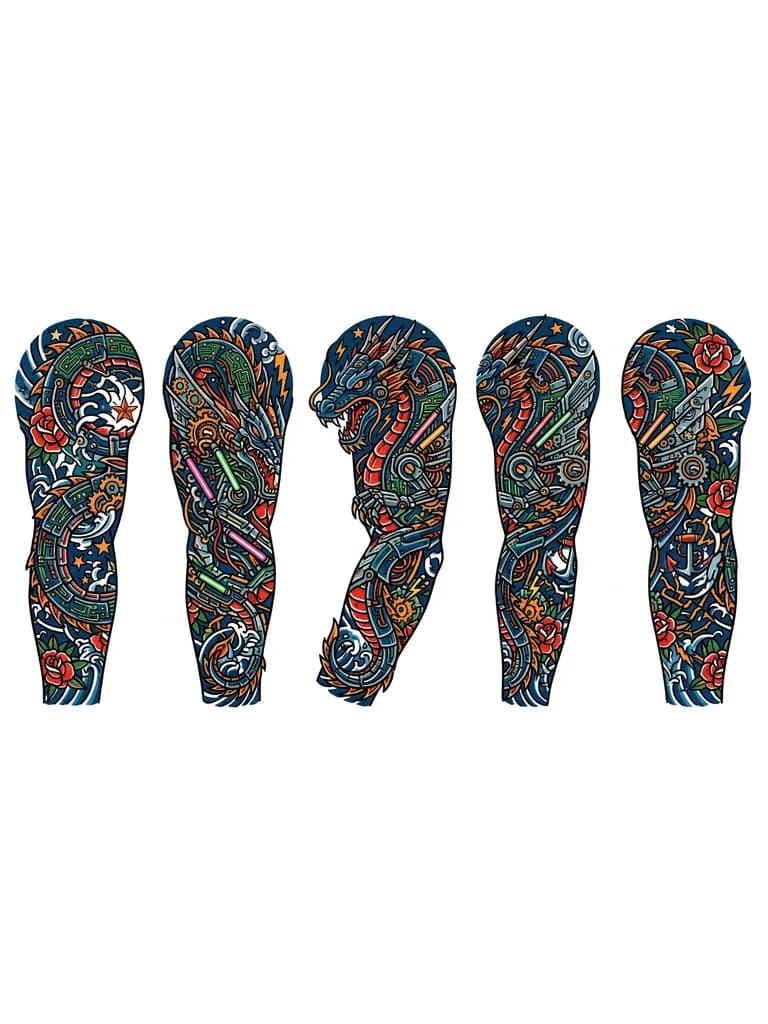 Тату эскиз: Никакой «мягкой» чешуи. Дракон собирается из печатных плат, шестеренок и неоновых трубок. Это смесь биомеханики и гравюры. Узкие линии (Fine Line) идеально передадут хрупкость и агрессию металла.