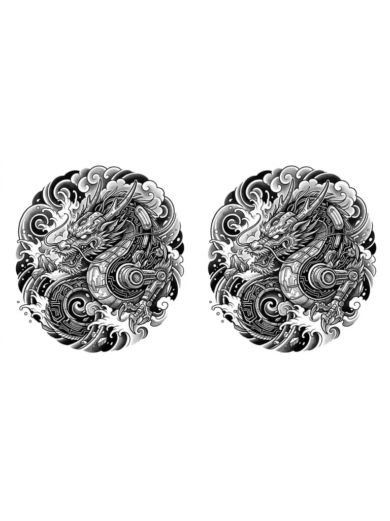 Тату эскиз: Никакой «мягкой» чешуи. Дракон собирается из печатных плат, шестеренок и неоновых трубок. Это смесь биомеханики и гравюры. Узкие линии (Fine Line) идеально передадут хрупкость и агрессию металла.