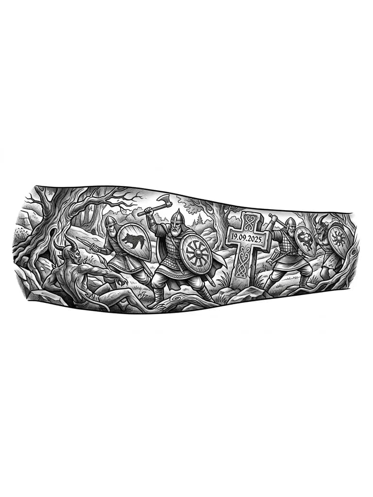 Тату эскиз: Изображение славянских Войнов в борьбе с нечистью,природа на фоне,
 могильный крест с надписью 19.09.2025. 