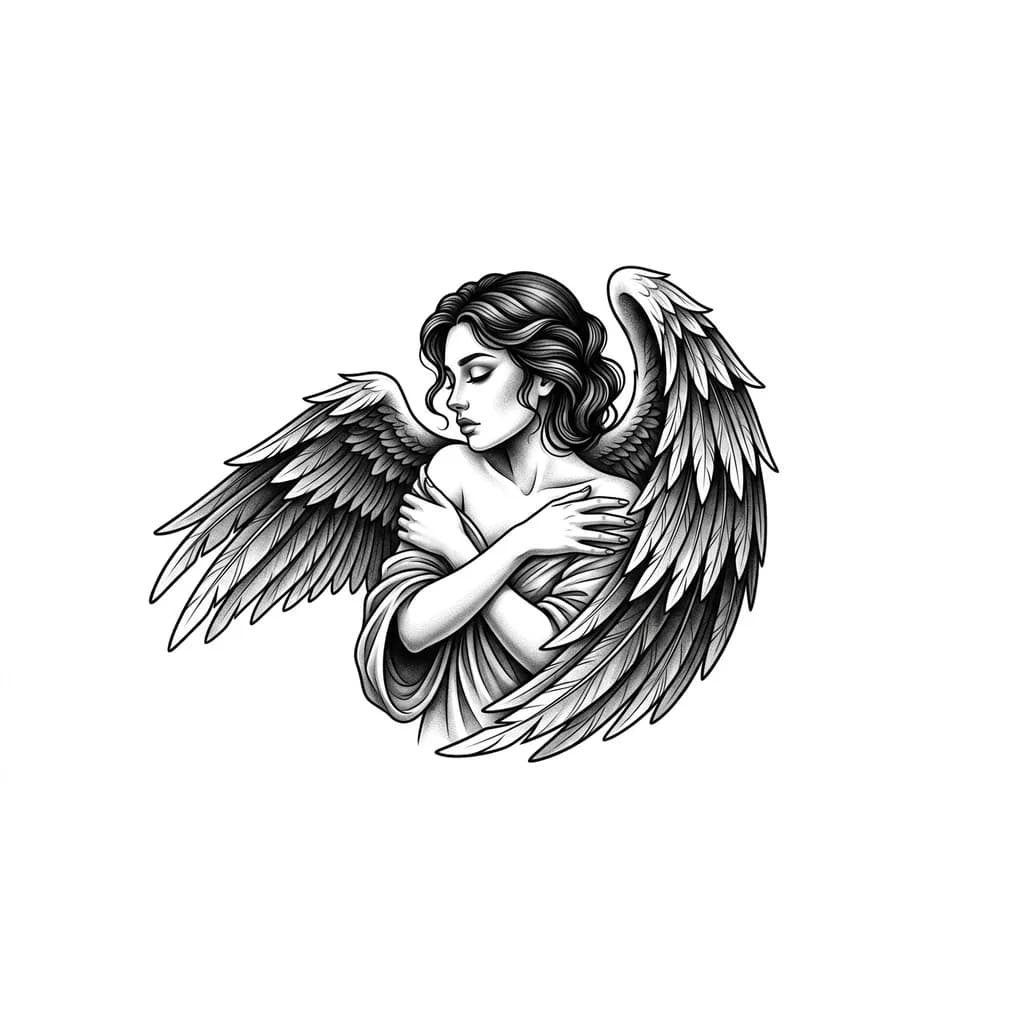 Тату эскиз: Обнажённая девушка закрывает свое тело крыльями и смотрит в сторону с закрытыми глазами