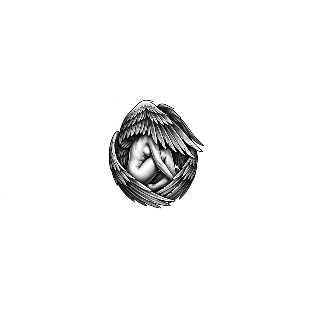 Тату эскиз: Обнажённая девушка в полный закрывает свое тело крыльями и смотрит в сторону с закрытыми глазами