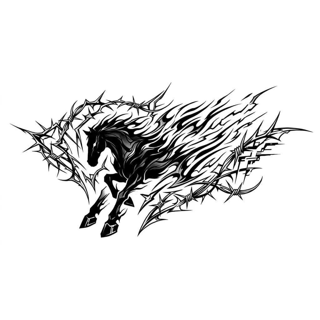 Тату эскиз: веном в виде коня, из которого вылетают чёрные полосы, похожие на языки пламени, от коня взять только копыта 