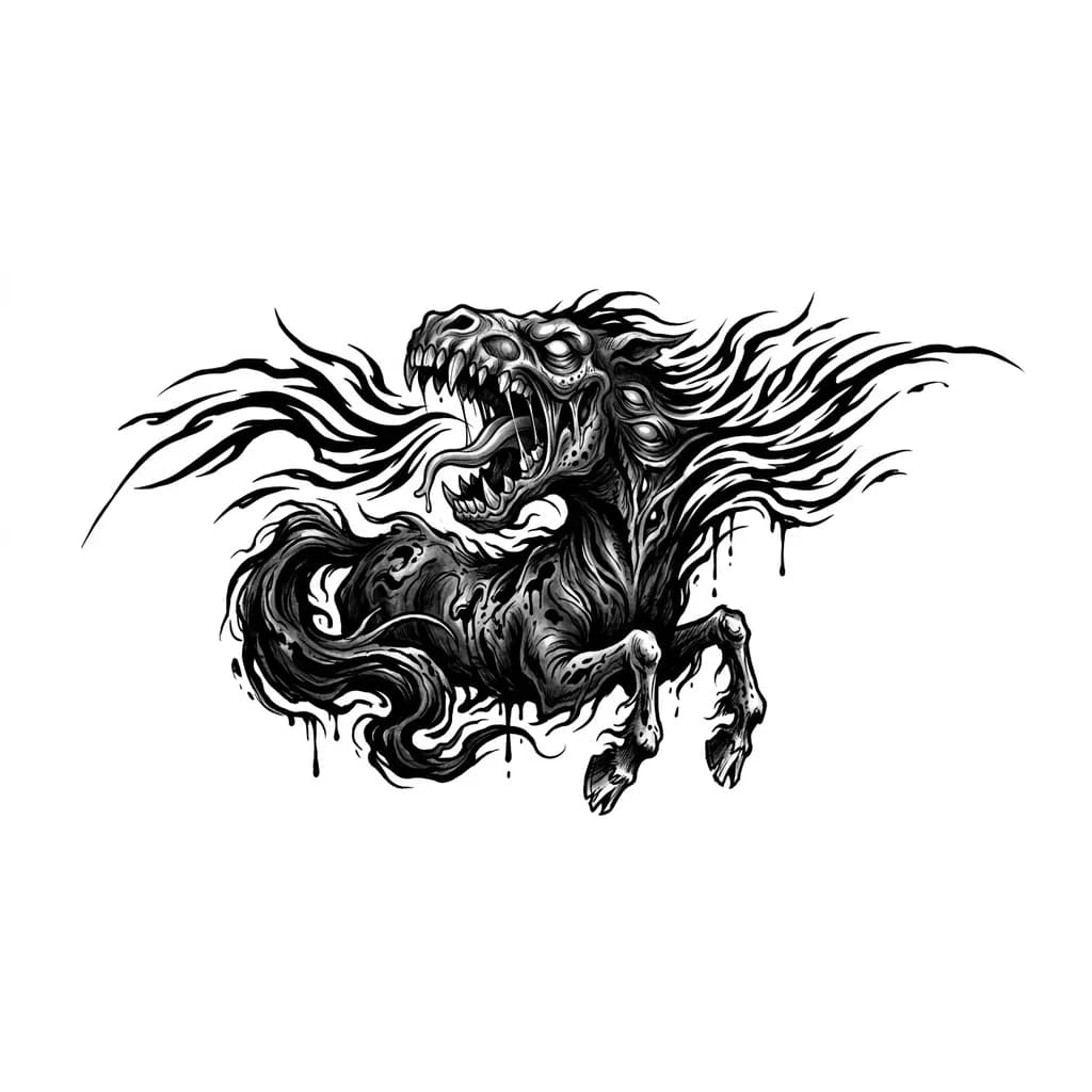 Тату эскиз: веном в виде коня, из которого вылетают чёрные полосы, похожие на языки пламени, от коня взять только копыта, большая голова венома 