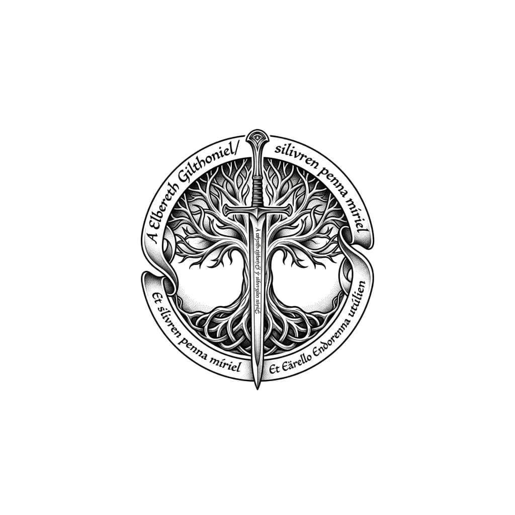 Тату эскиз: Нарисуй: Эскиз татуировки в стиле графика или blackwork по мотивам Властелина колец. В центре композиции вертикально расположен изящный эльфийский меч (черты Нарсила или Андурила) с гравировкой на клинке. Позади меча раскидистое Белое Древо Гондора (или стилизованное эльфийское древо жизни) с переплетающимися ветвями и корнями. Вокруг центральной композиции изящно вьется лента или круговой узор с надписью на эльфийском языке чернокнижным шрифтом