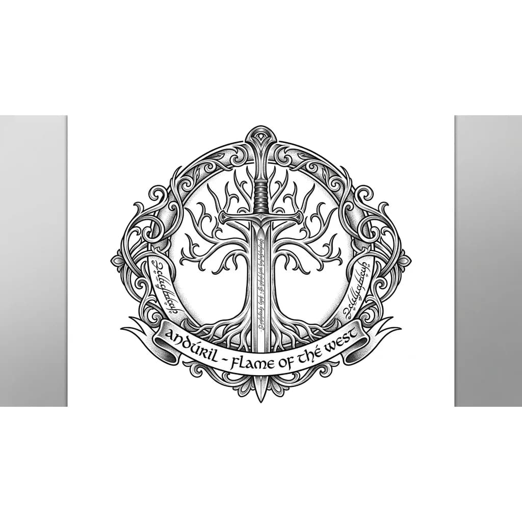 Тату эскиз: Нарисуй: Эскиз татуировки в стиле графика или blackwork по мотивам Властелина колец. В центре композиции вертикально расположен изящный эльфийский меч (черты Нарсила или Андурила) с гравировкой на клинке. Позади меча раскидистое Белое Древо Гондора (или стилизованное эльфийское древо жизни) с переплетающимися ветвями и корнями. Вокруг центральной композиции изящно вьется лента или круговой узор с надписью на эльфийском языке чернокнижным шрифтом