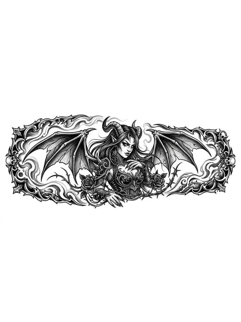 Тату эскиз: Девушка-демон, темная татуировка на предплечье, для перекрытия 