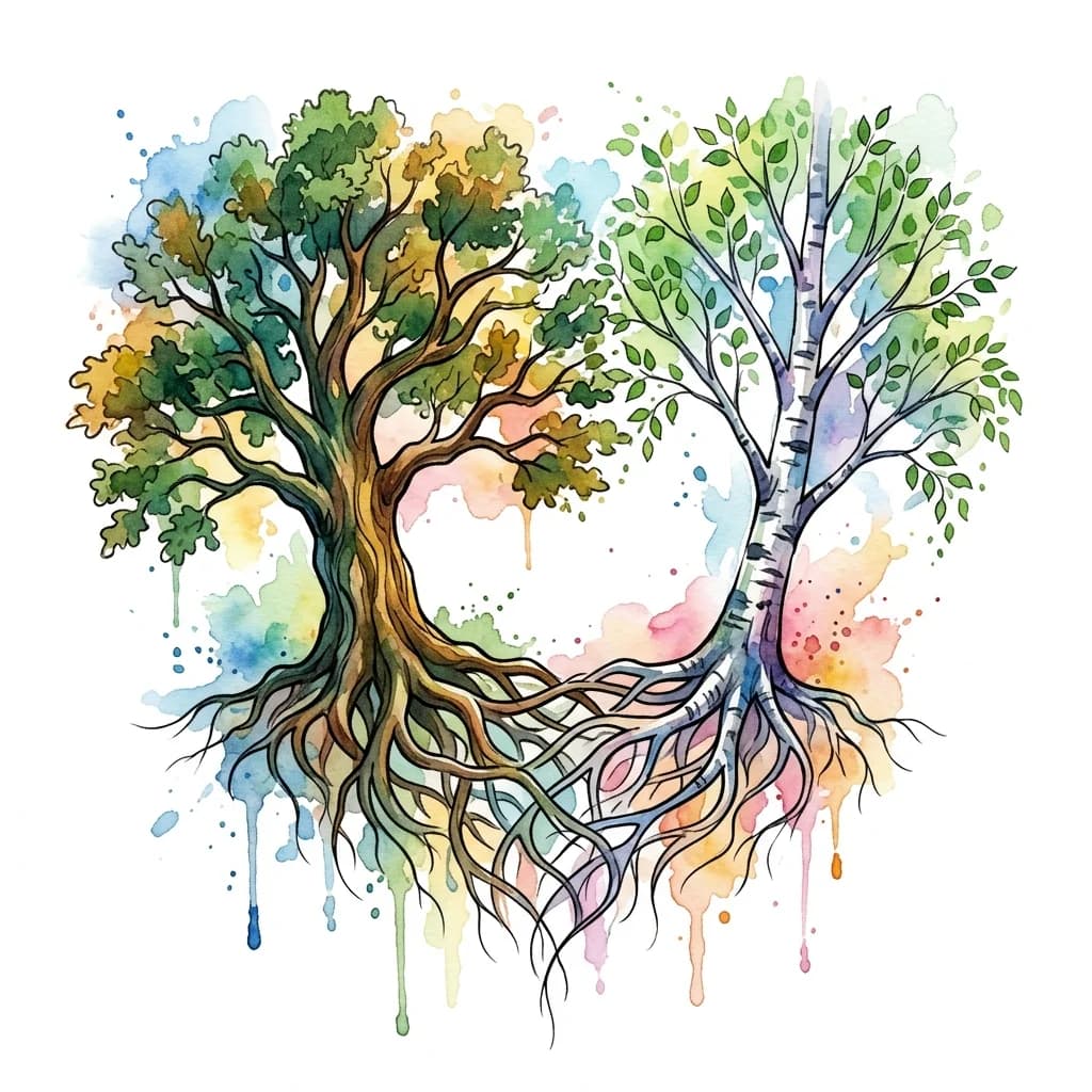 Тату эскиз: Два дерева с переплетёнными корнями
*   **Смысл:** Отражает глубокую, нерушимую связь, которая остаётся даже после того, как жизненные пути разошлись. Корни — это общее прошлое, семья, дети (если они есть), а кроны могут расти в разные стороны, символизируя самостоятельность.
*   **Визуализация:** Реалистичный или графичный стиль. Одно дерево может быть дубом (сила, стойкость), а другое — берёзой (чистота, новая жизнь). Их корни под землёй образуют единый, сложный узор.