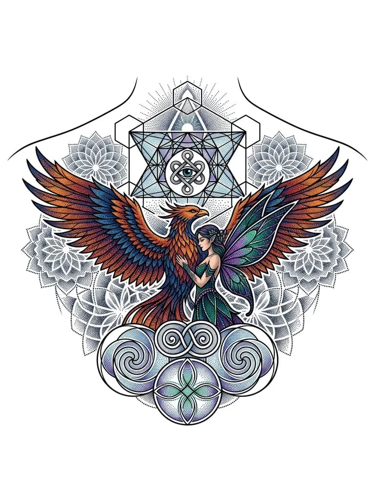 Тату эскиз: Феникс и Фея любовь, мудрость и забота 