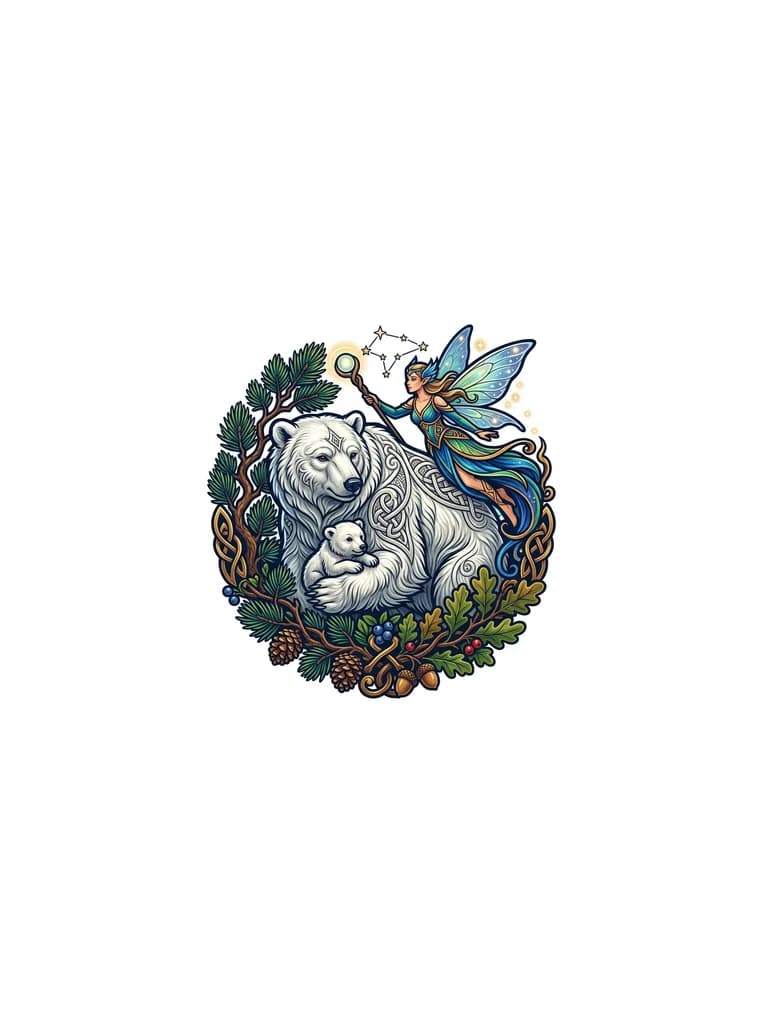 Тату эскиз: Белый медведь, северная мудрость и забота, мужество и отвага, семейные ценности Фея , преданность, теплота отношения, вера в будущее, семейного благополучия 