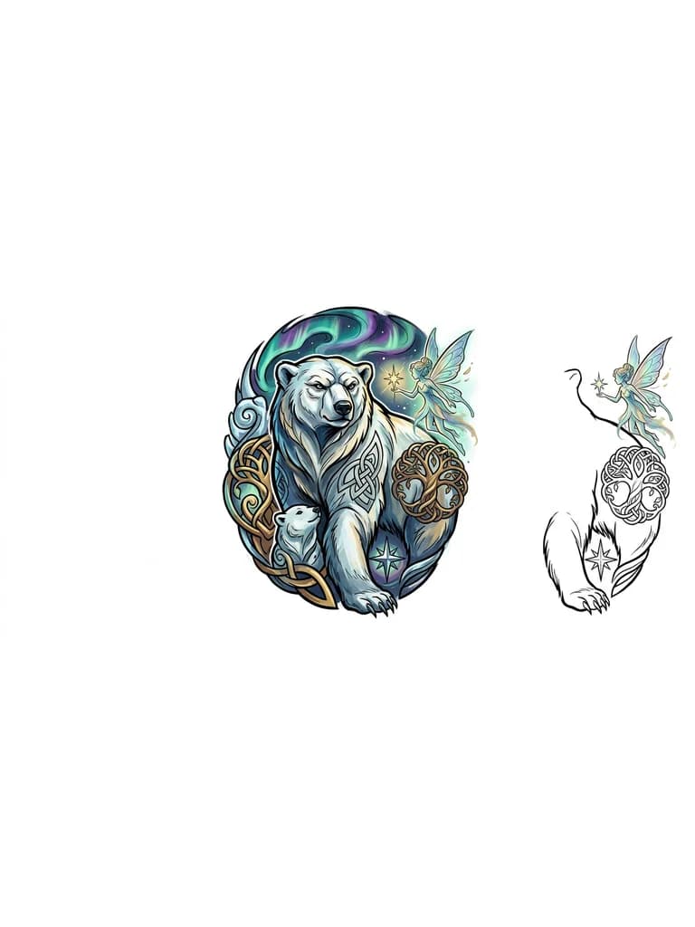 Тату эскиз: Белый медведь, северная мудрость и мужество, отвага, семейные ценности Фея , преданность, теплота отношения, вера в будущее, семейного благополучия 