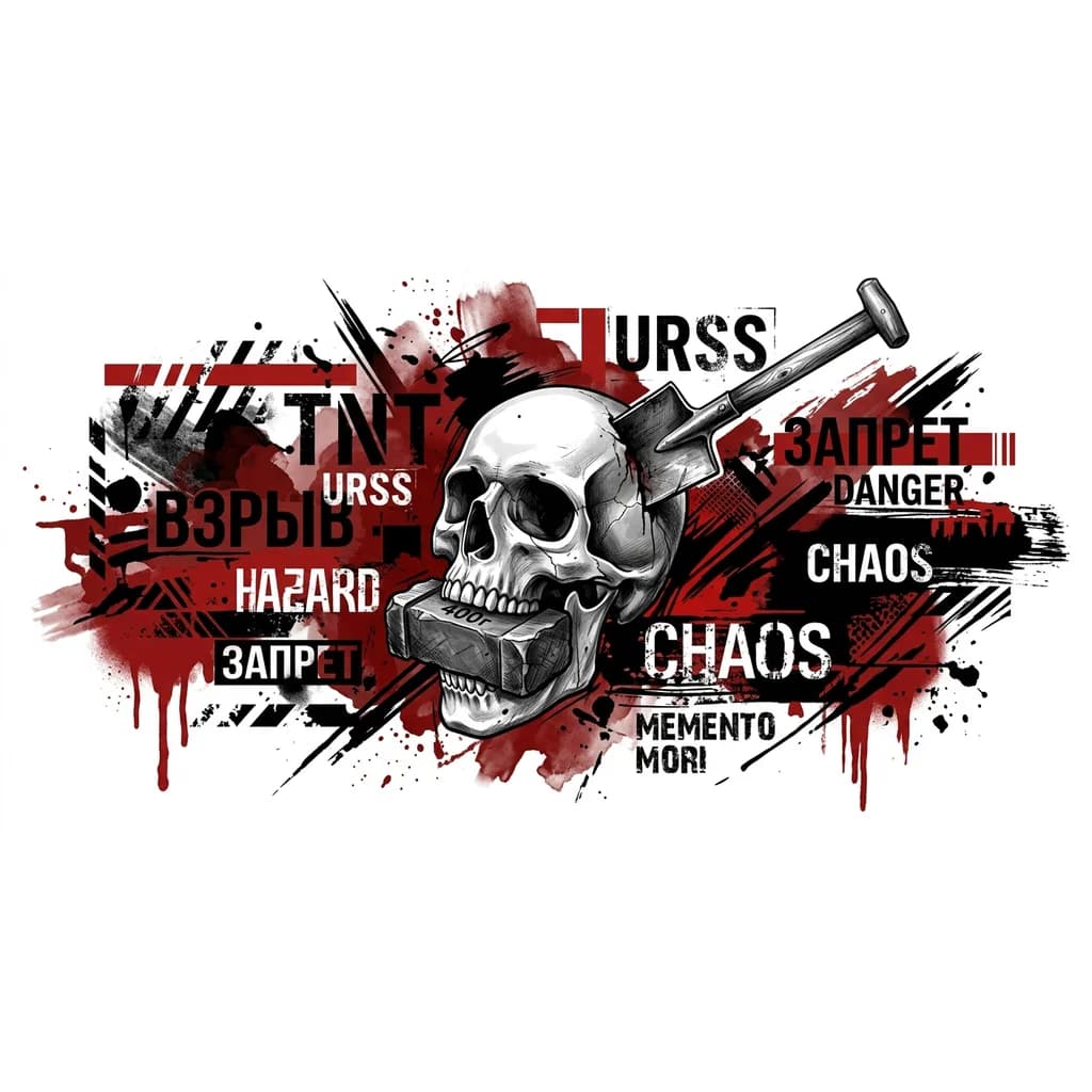 Тату эскиз: Череп зажимающий советскую тротиловую шашку в зубах чтобы на не было видно надпись "400г" , в самом черепе торчит советская сапёрная лопата