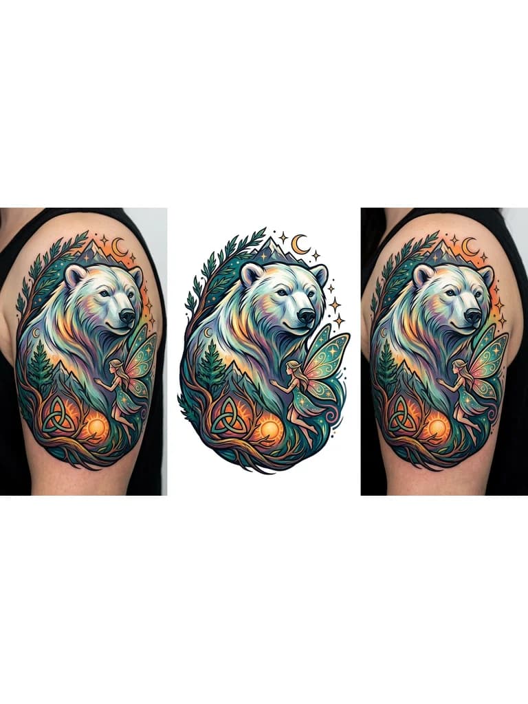 Тату эскиз: Белый медведь, северная мудрость и мужество, отвага, семейные ценности Фея , преданность, теплота отношения, вера в будущее, семейного благополучия 