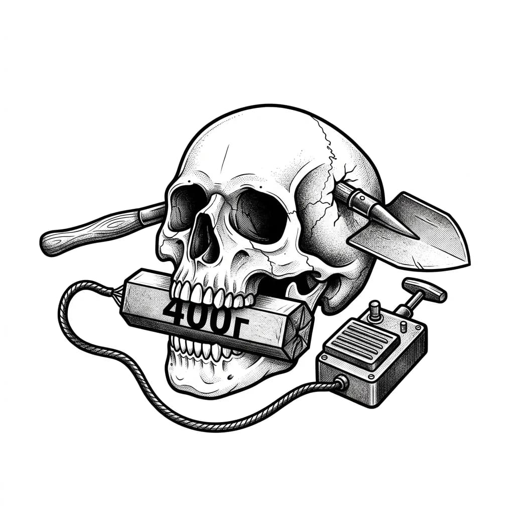 Тату эскиз: Череп зажимающий советскую тротиловую шашку в зубах чтобы на не было видно надпись "400г", из шашки идёт провод к советской подрывной машинке, в самом черепе торчит советская сапёрная лопата
