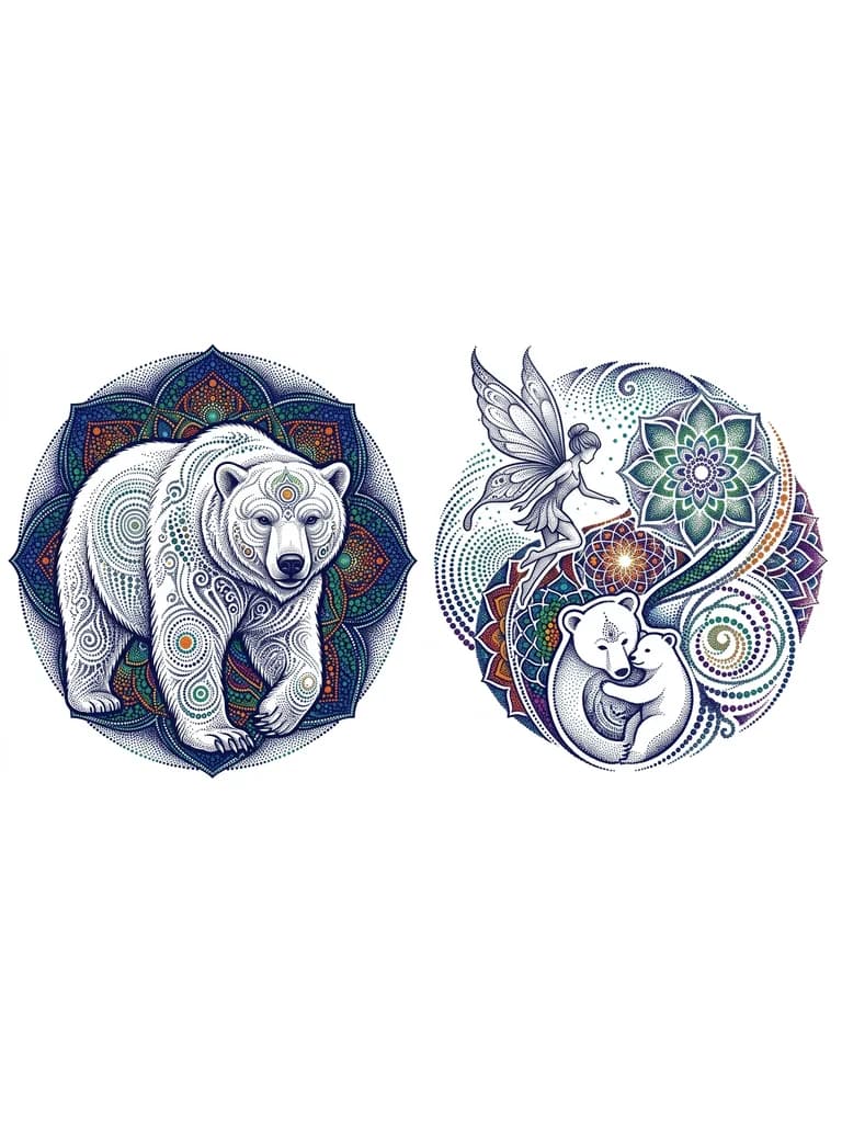 Тату эскиз: Белый медведь, северная мудрость и мужество, отвага, семейные ценности Фея , преданность, теплота отношения, вера в будущее, семейного благополучия. Без ёлок шишек 